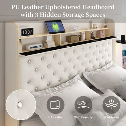 SIBEDS  LED Bed Frame with Galaxy Projector, Storage Headboard, Charging Station, Wingback Design, No Box Spring Needed,