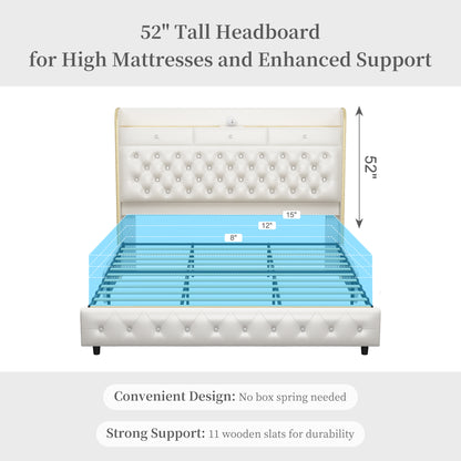 Queen Led Bed Frame with Galaxy Aurora Star Projector, Platform Beds with Charging Station, 52" Diamond Upholstered Wingback Bedframe with 2 Storage Drawers, No Box Spring Needed, PU White