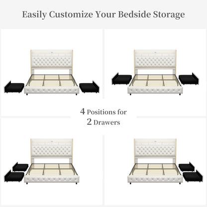 Queen Led Bed Frame with Galaxy Aurora Star Projector, Platform Beds with Charging Station, 52" Diamond Upholstered Wingback Bedframe with 2 Storage Drawers, No Box Spring Needed, PU White