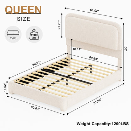 Queen Bed Frame, Teddy Fleece Curved Shaped Upholstered Bedframe with Thickened Rounded Corners, Modern Cloud Beds with Headboard Footboard LED Lights, No Box Spring Needed, Cream