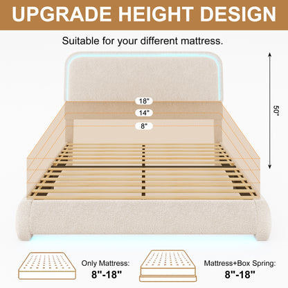 Queen Bed Frame, Teddy Fleece Curved Shaped Upholstered Bedframe with Thickened Rounded Corners, Modern Cloud Beds with Headboard Footboard LED Lights, No Box Spring Needed, Cream