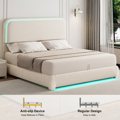 Queen Bed Frame, Teddy Fleece Curved Shaped Upholstered Bedframe with Thickened Rounded Corners, Modern Cloud Beds with Headboard Footboard LED Lights, No Box Spring Needed, Cream