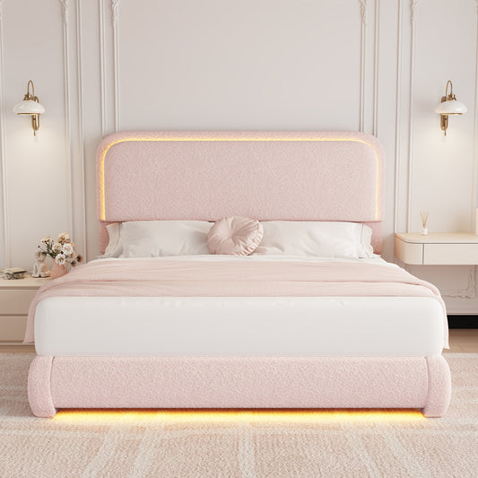 SIBEDS LED Bed Frame with Storage Drawers, King Teddy Fleece Rounded Corner Platform Bed, Upholstered Headboard, No Box Spring Needed, Easy Assembly,  Pink