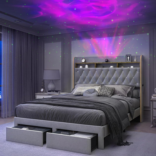 Full LED Bed Frame with Storage Drawers, Velvet Upholstered Platform Beds with Galaxy Star Projector Charging Station Speaker, Aurora Bedframe with 2-Tier Storage Headboard, Noise-Free, Grey