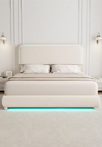 Queen LED Bed Frame with Storage Drawers, King Teddy Fleece Rounded Corner Platform Bed, Upholstered Headboard, No Box Spring Needed, Easy Assembly, Cream & Pink