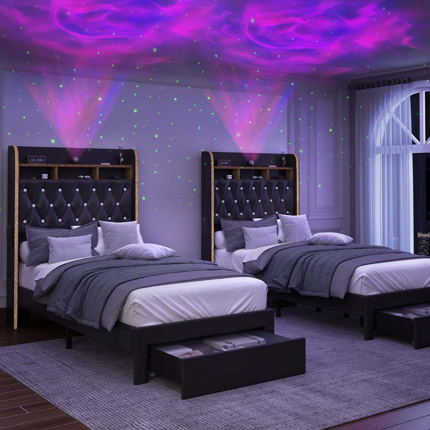 Twin Size LED Bed Frame with Galaxy Star Projector, PU Upholstered Platform Bed with Charging Station, Speaker & Storage Drawer, Noise-Free, Black – Perfect Gift Idea