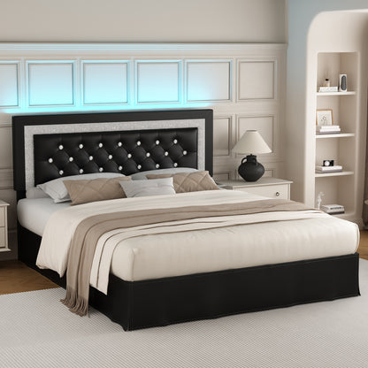 SIBEDS Queen LED Bed Frame with Adjustable Upholstered Headboard, Diamond Tufted Platform, No Box Spring Needed – Black / White / Gray