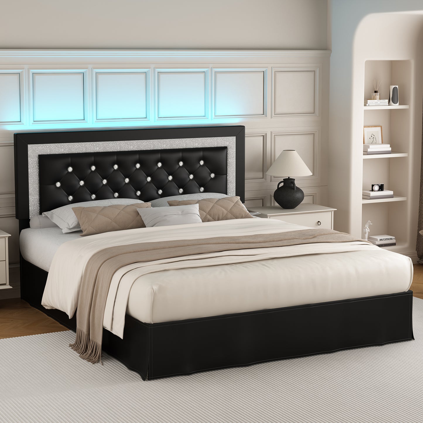 SIBEDS Queen LED Bed Frame with Adjustable Upholstered Headboard, Diamond Tufted Platform, No Box Spring Needed – Black / White / Gray