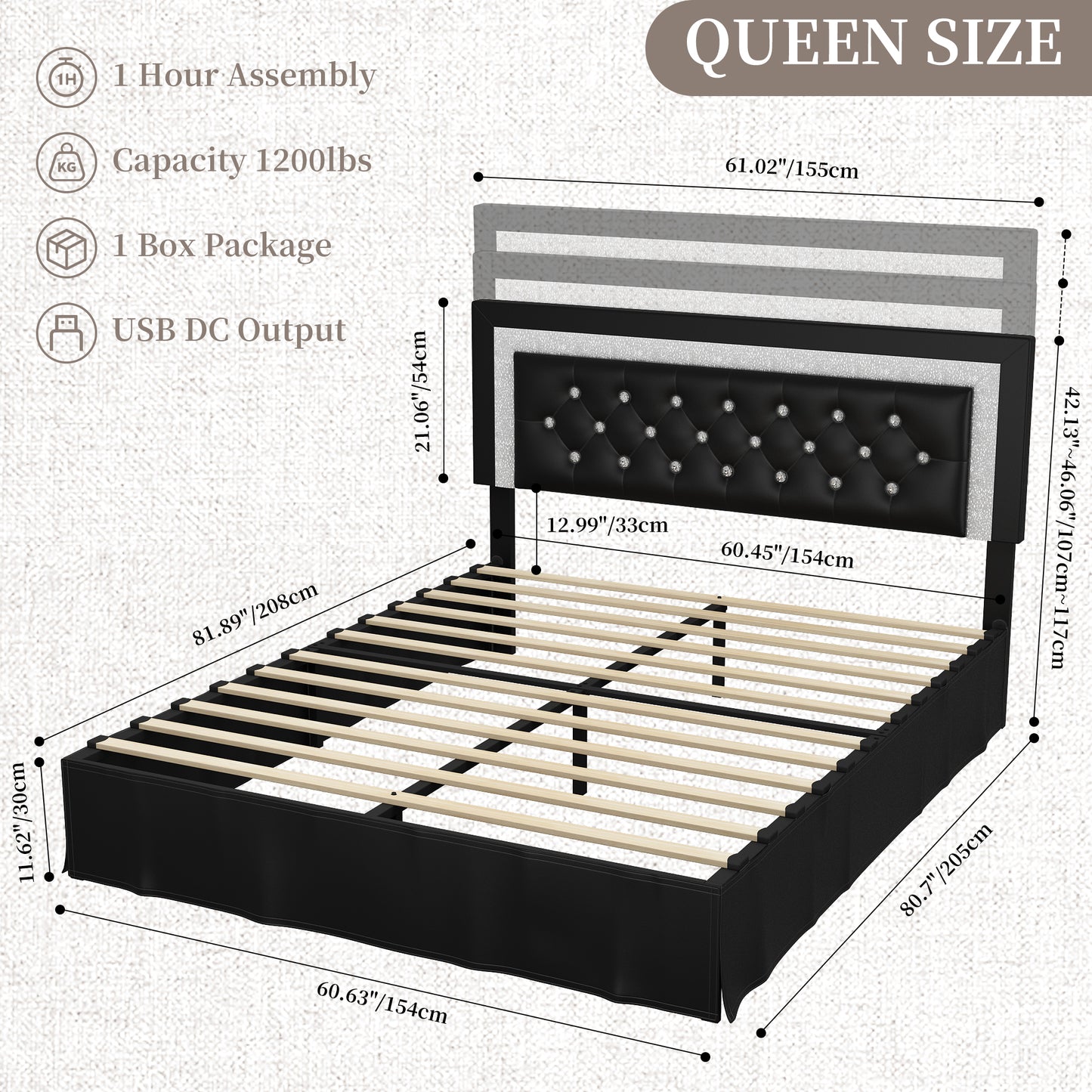 SIBEDS Queen LED Bed Frame with Adjustable Upholstered Headboard, Diamond Tufted Platform, No Box Spring Needed – Black / White / Gray