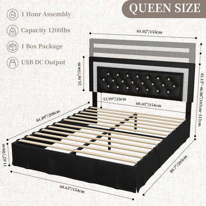 SIBEDS Queen LED Bed Frame with Adjustable Upholstered Headboard, Diamond Tufted Platform, No Box Spring Needed – Black / White / Gray