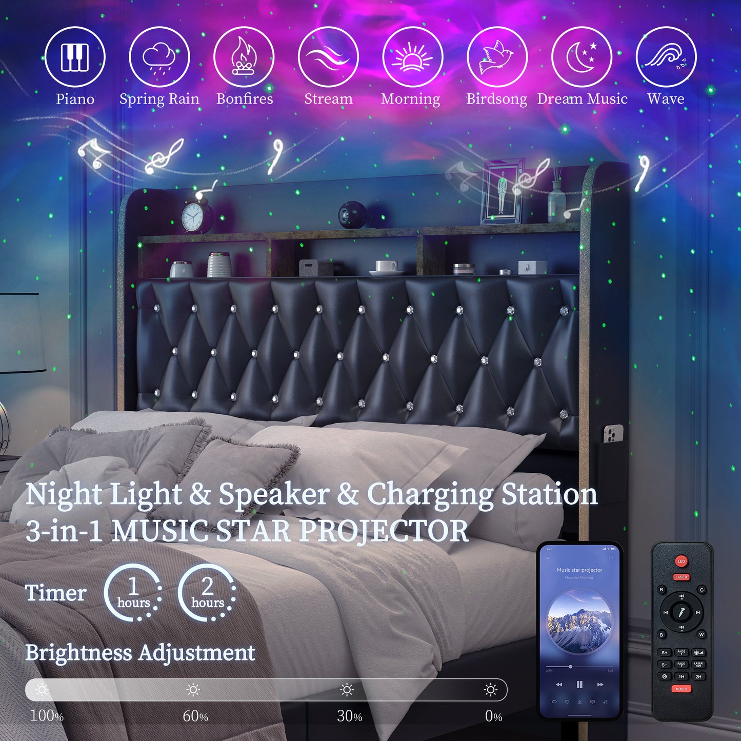 Twin Size LED Bed Frame with Galaxy Star Projector, PU Upholstered Platform Bed with Charging Station, Speaker & Storage Drawer, Noise-Free, Black – Perfect Gift Idea