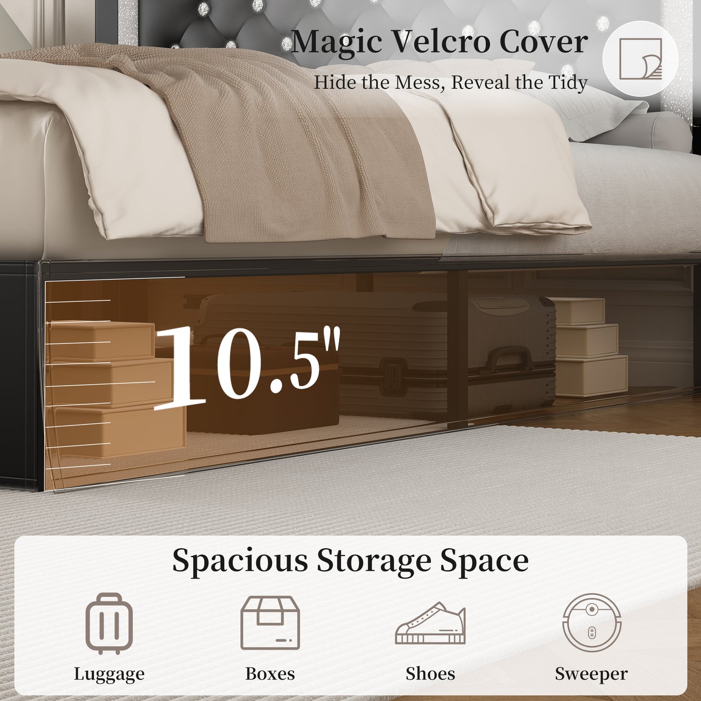 SIBEDS Queen LED Bed Frame with Adjustable Upholstered Headboard, Diamond Tufted Platform, No Box Spring Needed – Black / White / Gray