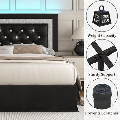 Queen LED Bed Frame with Adjustable Upholstered Headboard – Modern Diamond Tufted Platform Bed, No Box Spring Needed, Easy Assembly, Black / White / Gray | SIBEDS