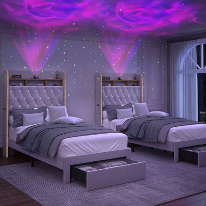 Twin Size LED Bed Frame with Galaxy Star Projector, PU Upholstered Platform Bed with Charging Station, Speaker & Storage Drawer, Noise-Free, Black – Perfect Gift Idea