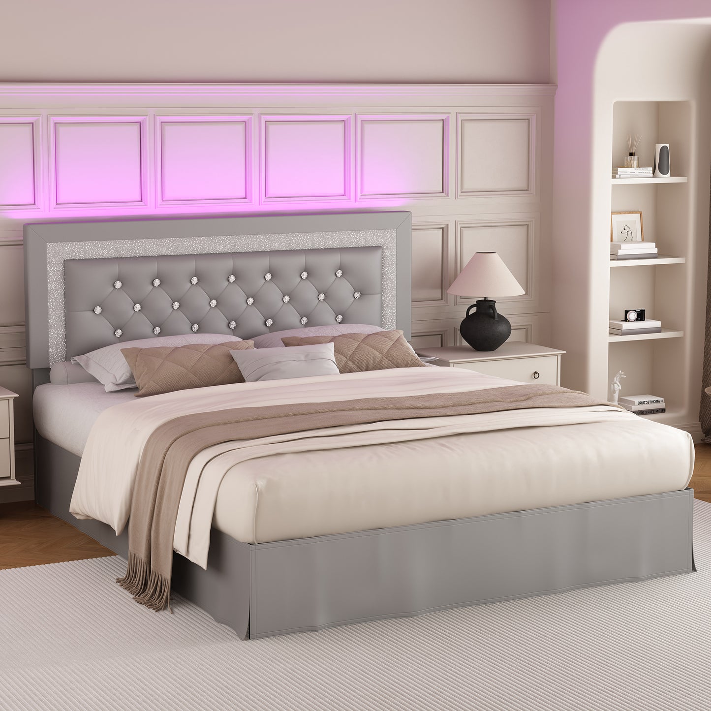 SIBEDS Queen LED Bed Frame with Adjustable Upholstered Headboard, Diamond Tufted Platform, No Box Spring Needed – Black / White / Gray