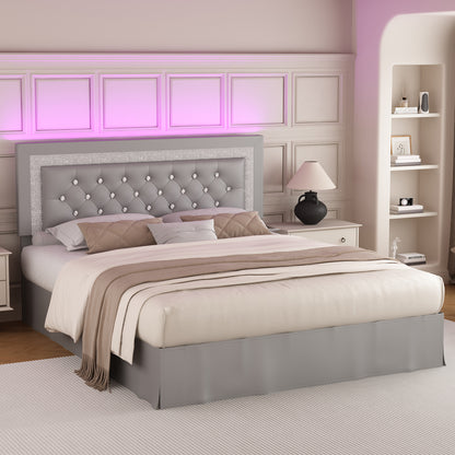 SIBEDS Queen LED Bed Frame with Adjustable Upholstered Headboard, Diamond Tufted Platform, No Box Spring Needed – Black / White / Gray