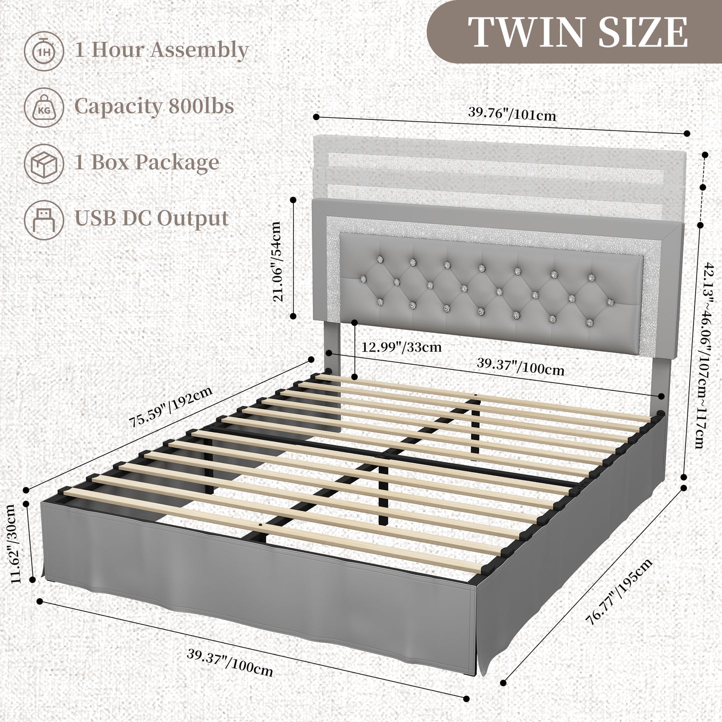 Queen LED Bed Frame with Adjustable Upholstered Headboard – Modern Diamond Tufted Platform Bed, No Box Spring Needed, Easy Assembly, Black / White / Gray | SIBEDS