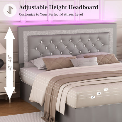 SIBEDS Queen LED Bed Frame with Adjustable Upholstered Headboard, Diamond Tufted Platform, No Box Spring Needed – Black / White / Gray