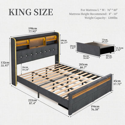 SIBEDS Queen Upholstered Bed Frame with LED Bookcase Headboard, Storage Drawers, USB Charging Ports, and Tufted Wingback Design, White/Black/Cream/Gray