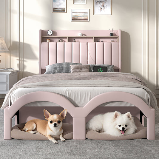 SIBEDS Queen Bed Frame with 2-Tier Storage Headboard, Faux Leather Aurora Platform Beds with Galaxy Star Projector, Scratch-resistant Upholstered Bedframe with Pet Rest Area for Dogs Cats, Black