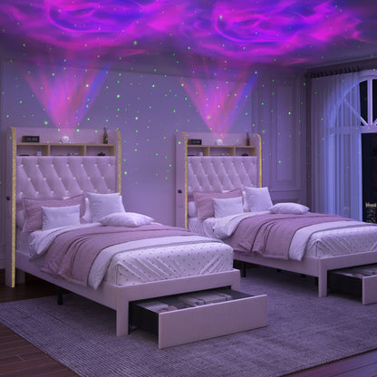 Twin Size LED Bed Frame with Galaxy Star Projector, PU Upholstered Platform Bed with Charging Station, Speaker & Storage Drawer, Noise-Free, Black – Perfect Gift Idea