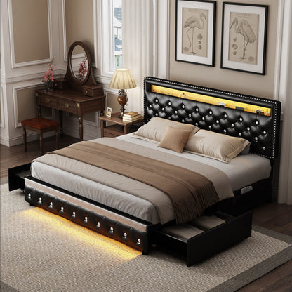 Bed Frame with RGB LED Lights,  Storage Drawers, PU Leather & Velvet