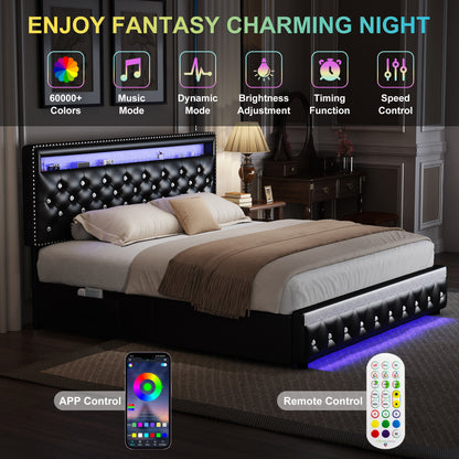 Bed Frame with RGB LED Lights,  Storage Drawers, PU Leather & Velvet