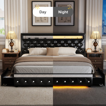 Bed Frame with RGB LED Lights,  Storage Drawers, PU Leather & Velvet