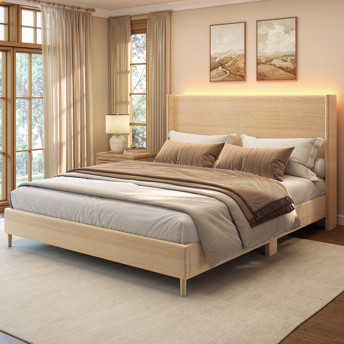 SIBEDS Queen Bed Frame,Smart LED,Wood Grain Faux Leather Upholstered Platform Bed with Wingback Headboard