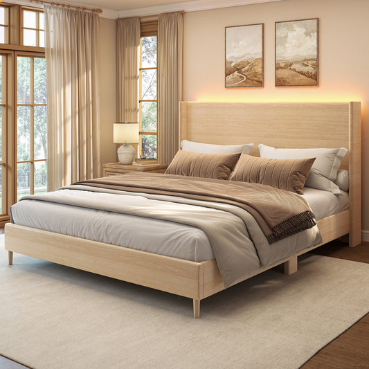 SIBEDS Queen Bed Frame,Smart LED,Wood Grain Faux Leather Upholstered Platform Bed with Wingback Headboard