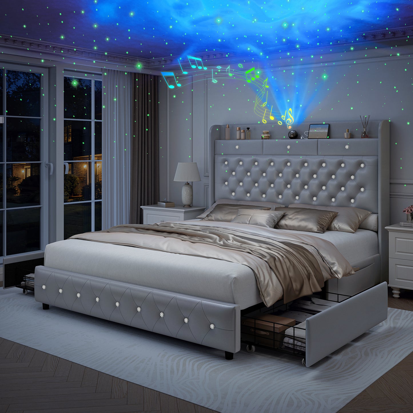 SIBEDS Upholstered Storage Bed Frame with Drawers, PU Leather Double & King Size Bed with Star Projector, Bluetooth Speaker & USB-C Charging Station, 51" Tall Crystal Tufted Headboard