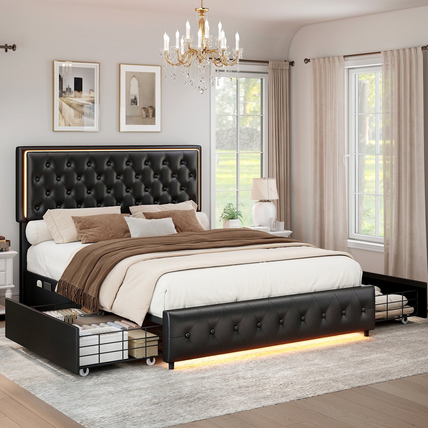 SIBEDS Storage Bed Frame with 2 Drawers and LED Lights, Smart App Controlled Upholstered Double & King Size Bed, Adjustable Wingback Headboard, PU Leather & Velvet Platform Bed, No Box Spring Needed
