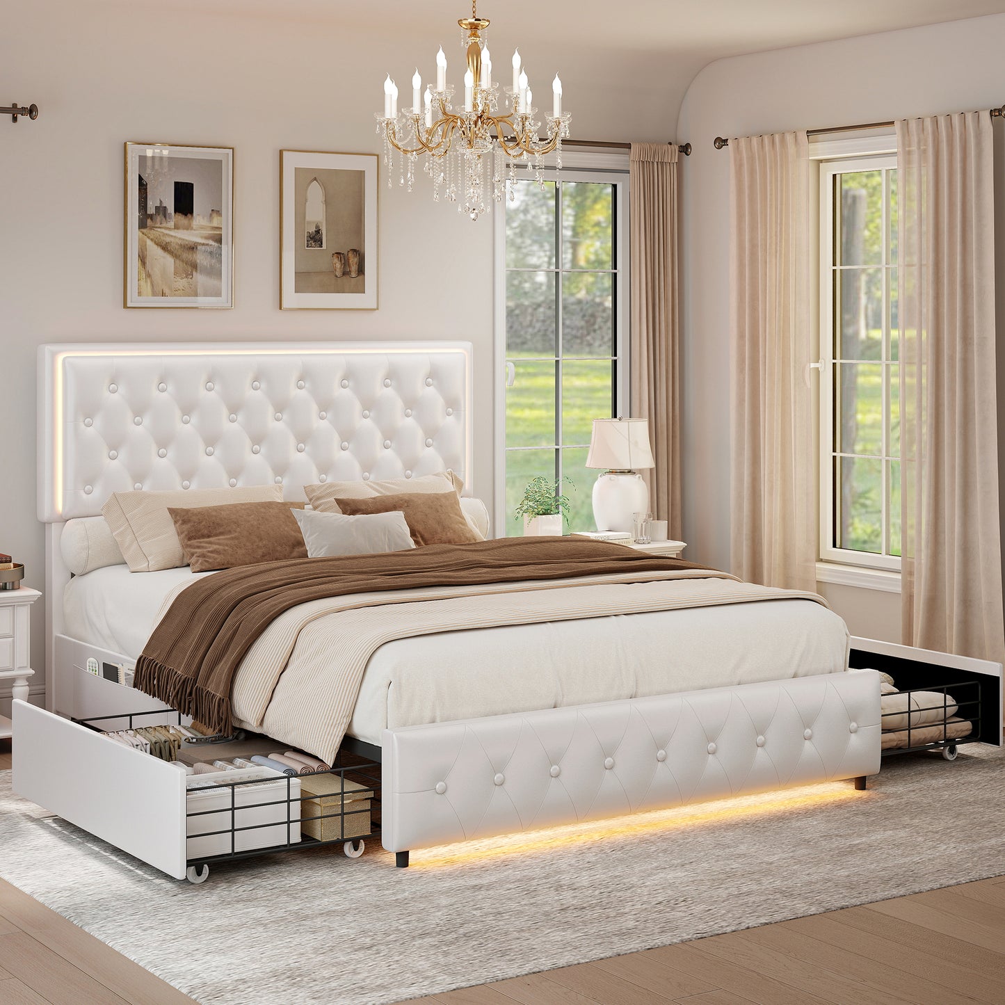 SIBEDS Storage Bed Frame with 2 Drawers and LED Lights, Smart App Controlled Upholstered Double & King Size Bed, Adjustable Wingback Headboard, PU Leather & Velvet Platform Bed, No Box Spring Needed