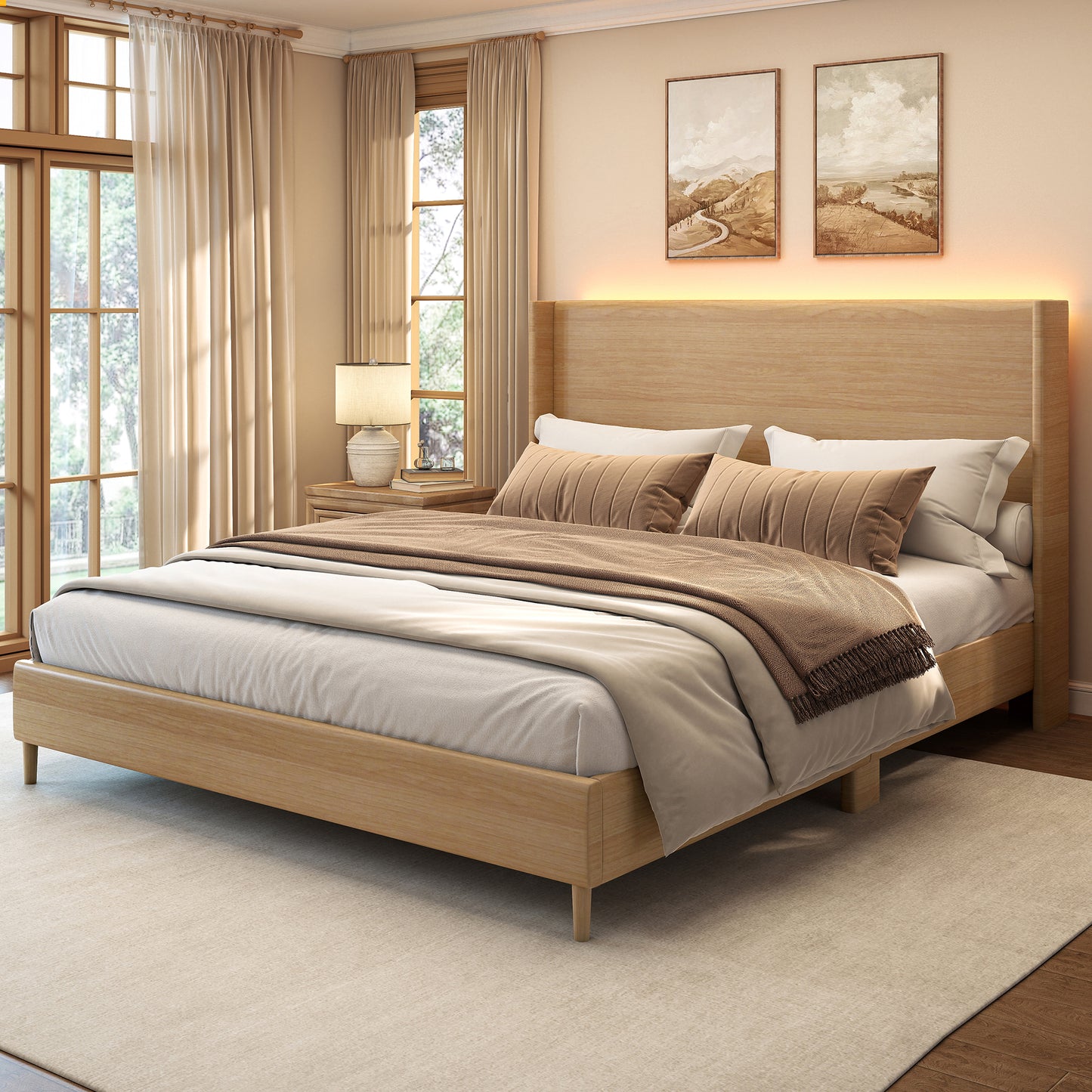 Queen LED Bed Frame with Wingback Headboard, Upholstered Platform Bed in Wood Grain Faux Leather, No Box Spring Needed, 1200 LB Capacity | SIBEDS