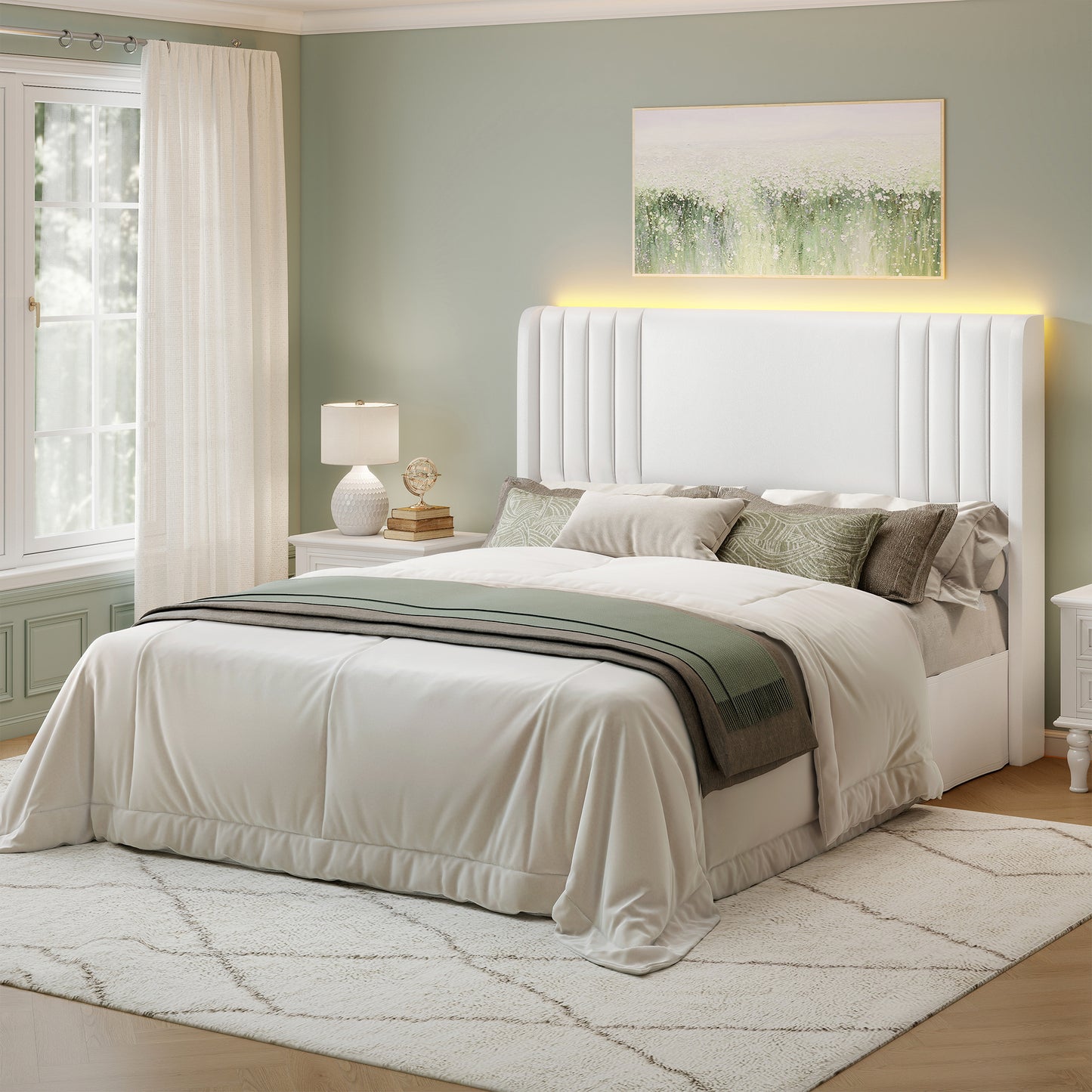 SIBEDS LED Storage Bed Frame with Smart App & Remote Control, Velvet & PU Leather Upholstered Double (4ft6) & King Size (5ft) Platform Bed, Extra Tall Headboard, Noise Free Heavy Duty Frame