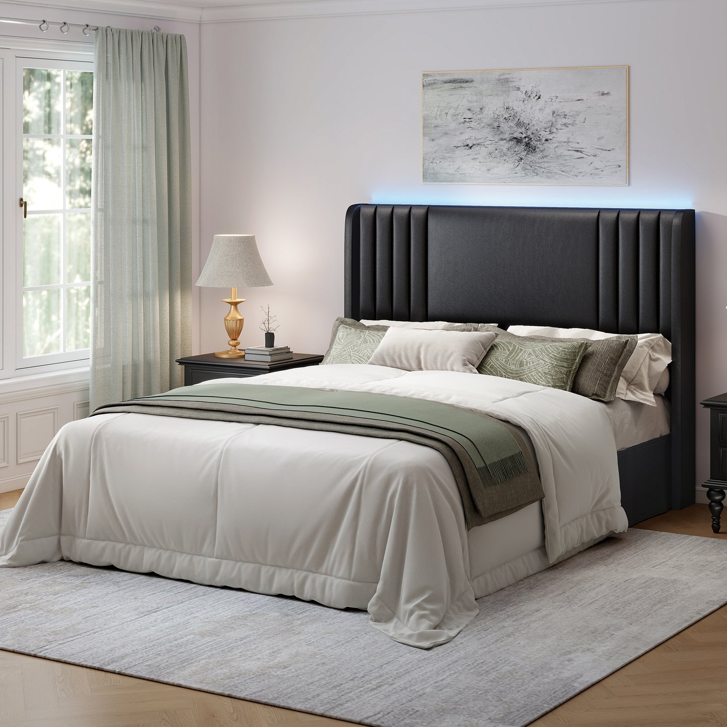SIBEDS LED Storage Bed Frame with Smart App & Remote Control, Velvet & PU Leather Upholstered Double (4ft6) & King Size (5ft) Platform Bed, Extra Tall Headboard, Noise Free Heavy Duty Frame