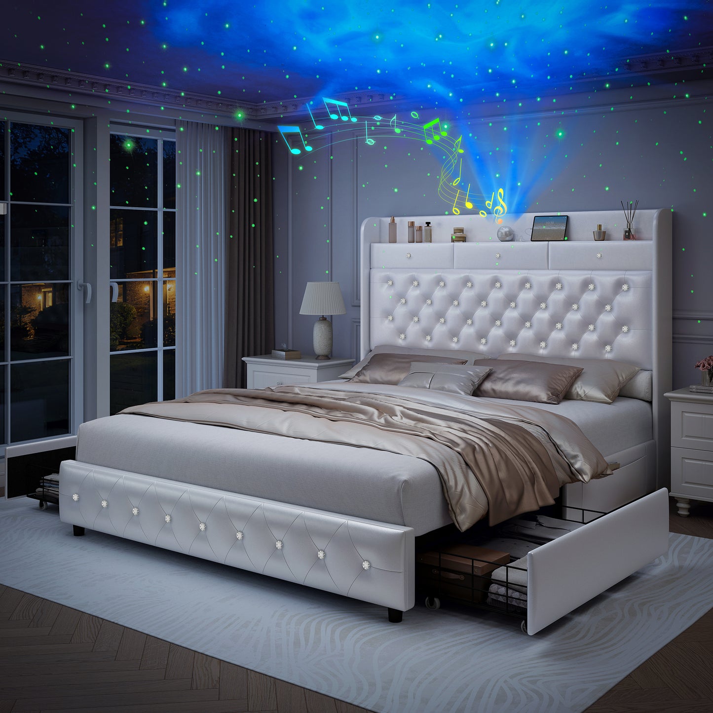 SIBEDS Upholstered Storage Bed Frame with Drawers, PU Leather Double & King Size Bed with Star Projector, Bluetooth Speaker & USB-C Charging Station, 51" Tall Crystal Tufted Headboard