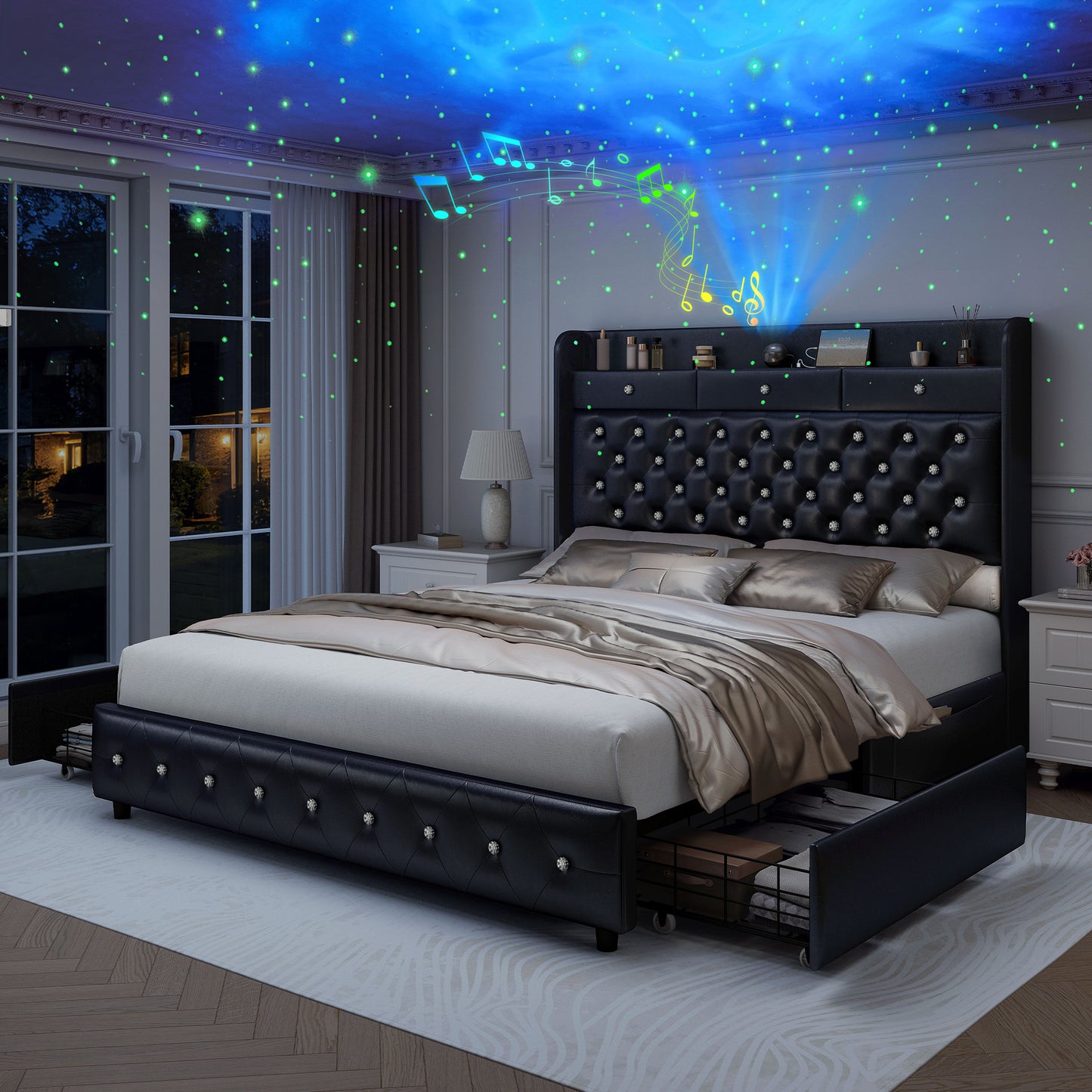 SIBEDS Upholstered Storage Bed Frame with Drawers, PU Leather Double & King Size Bed with Star Projector, Bluetooth Speaker & USB-C Charging Station, 51" Tall Crystal Tufted Headboard