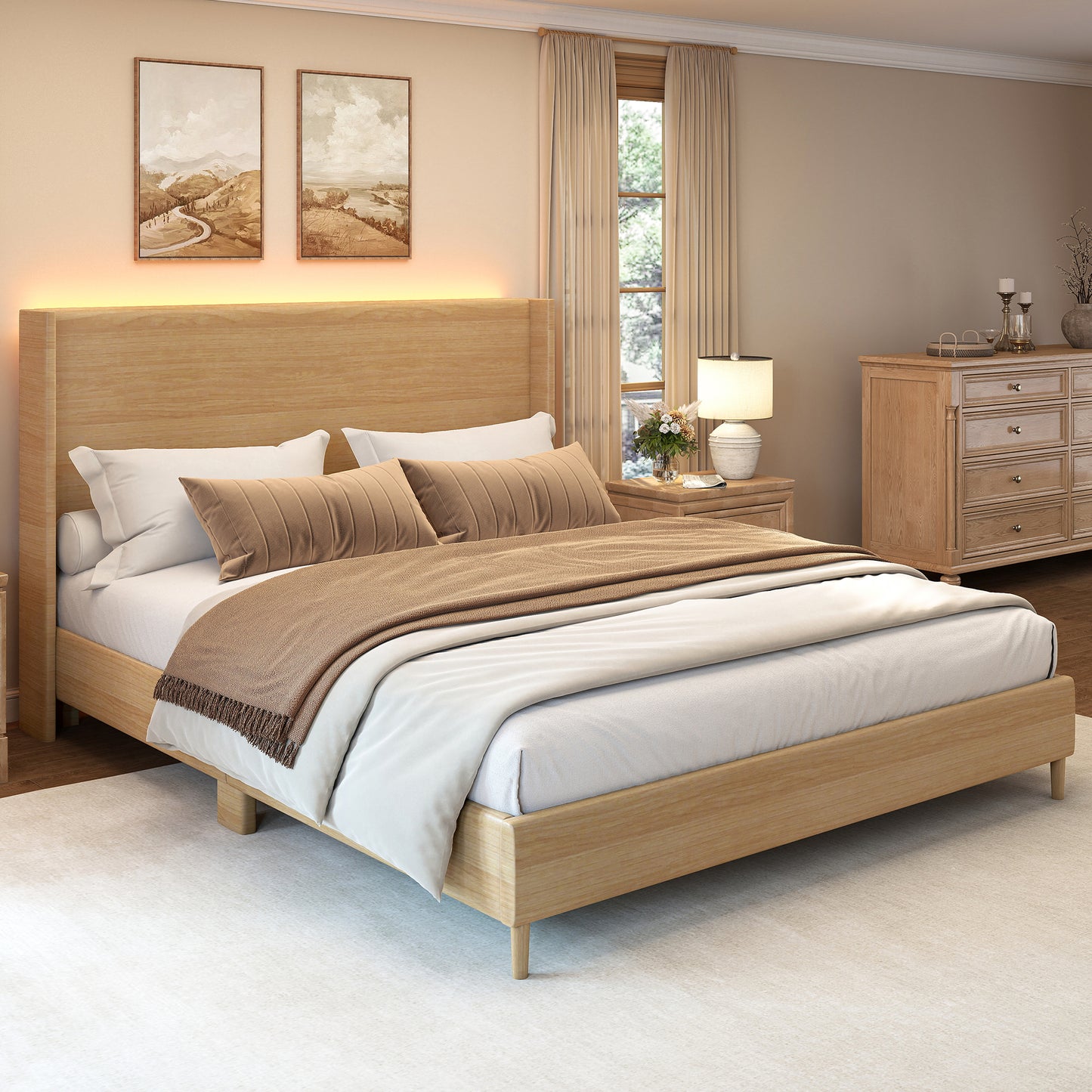 SIBEDS Queen Bed Frame,Smart LED,Wood Grain Faux Leather Upholstered Platform Bed with Wingback Headboard