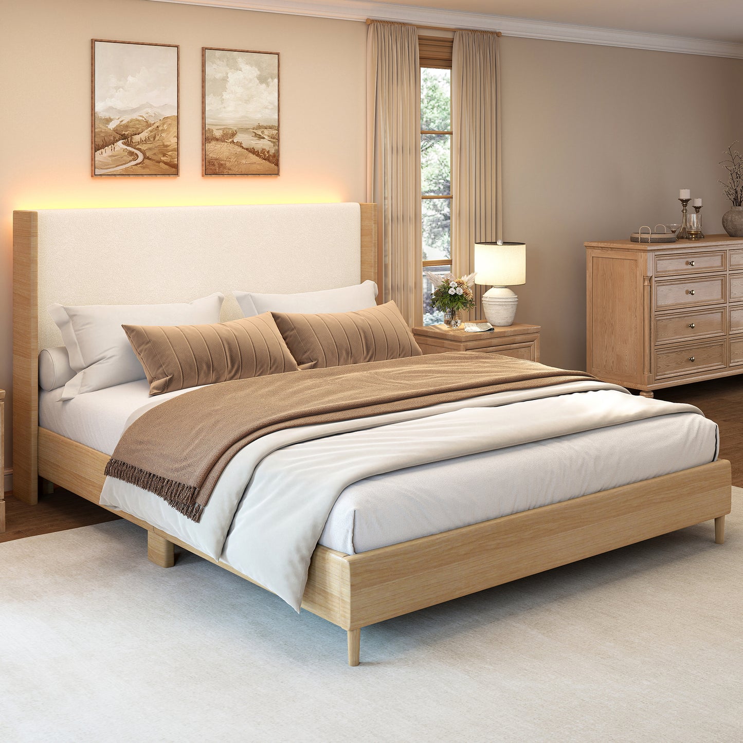 SIBEDS Queen Bed Frame,Smart LED,Wood Grain Faux Leather Upholstered Platform Bed with Wingback Headboard