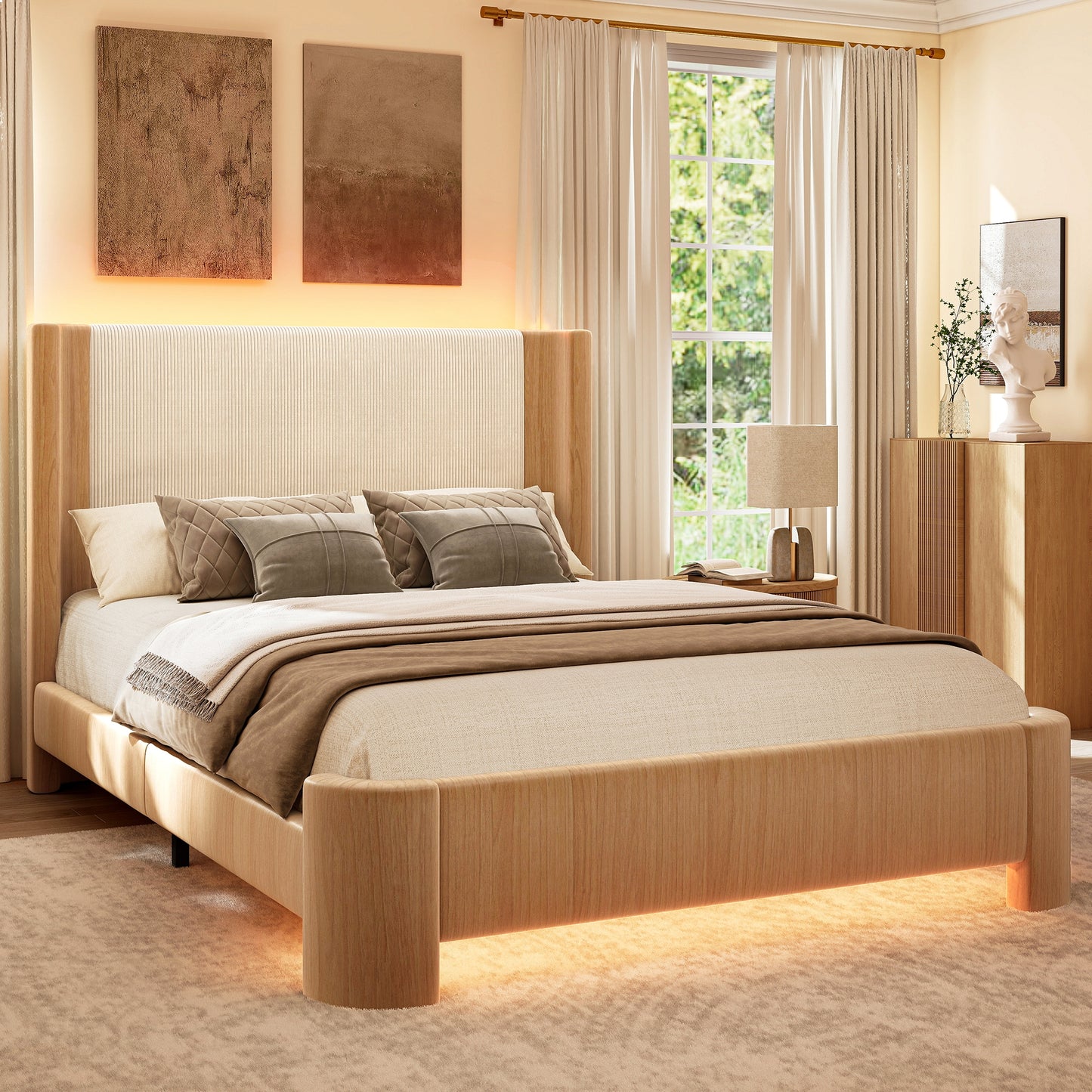SIBEDS LED Bed Frame with Smart App & Remote Control, Upholstered Linen & PU Finish Double (4ft6) and King Size (5ft) Platform Bed, Extra Tall Headboard, Noise Free Heavy Duty Frame