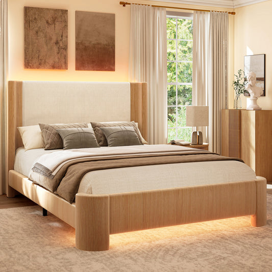 SIBEDS LED Bed Frame with Smart App & Remote Control, Upholstered Linen & PU Finish Double (4ft6) and King Size (5ft) Platform Bed, Extra Tall Headboard, Noise Free Heavy Duty Frame