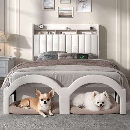 SIBEDS Queen LED Bed Frame with 2-Tier Storage Headboard, Faux Leather Platform Bed with Galaxy Star Projector, Scratch-Resistant Upholstery for Pet-Friendly Homes, Black