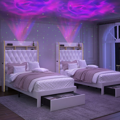 Twin Size LED Bed Frame with Galaxy Star Projector, PU Upholstered Platform Bed with Charging Station, Speaker & Storage Drawer, Noise-Free, Black – Perfect Gift Idea