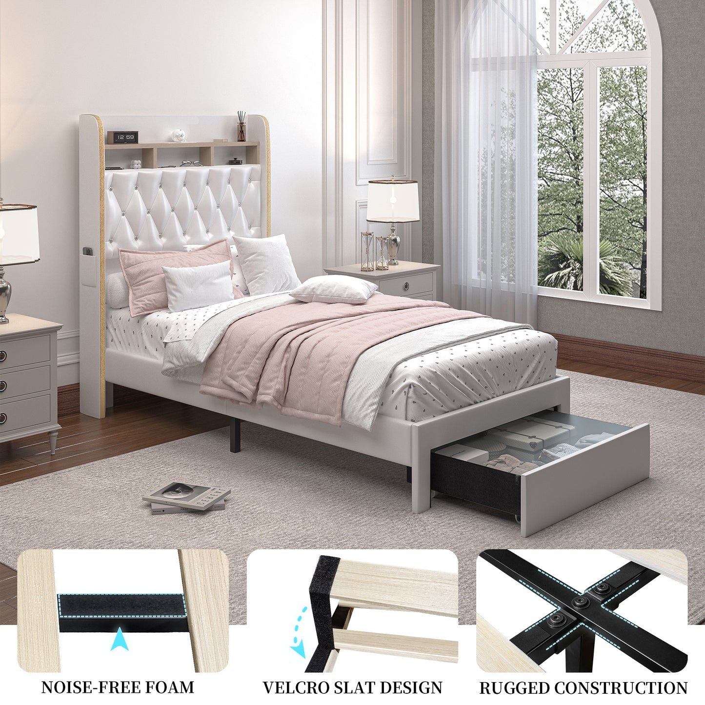 Twin Size LED Bed Frame with Galaxy Star Projector, PU Upholstered Platform Bed with Charging Station, Speaker & Storage Drawer, Noise-Free, Black – Perfect Gift Idea