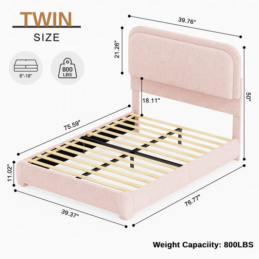 LED Bed Frame with Storage Drawers, King Teddy Fleece Rounded Corner Platform Bed, Upholstered Headboard, No Box Spring Needed, Easy Assembly, Cream & Pink