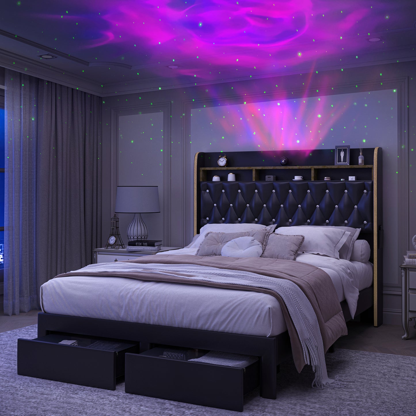 SIBEDS Aurora  LED Bed Frame – Velvet Upholstered with Star Projector, Bluetooth Speakers & Storage Drawers