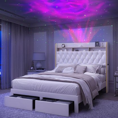SIBEDS Aurora  LED Bed Frame – Velvet Upholstered with Star Projector, Bluetooth Speakers & Storage Drawers