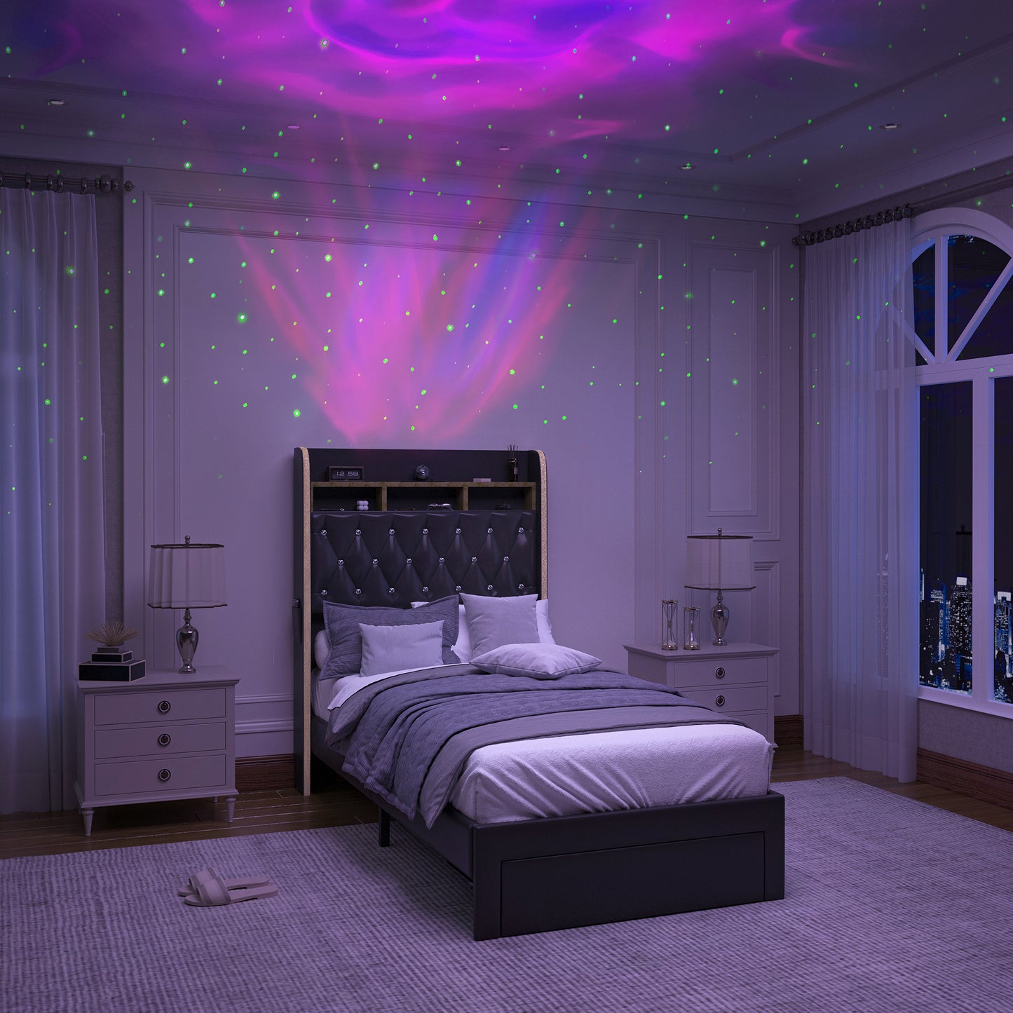 SIBEDS Aurora  LED Bed Frame – Velvet Upholstered with Star Projector, Bluetooth Speakers & Storage Drawers