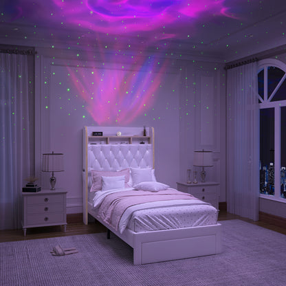 SIBEDS Aurora  LED Bed Frame – Velvet Upholstered with Star Projector, Bluetooth Speakers & Storage Drawers